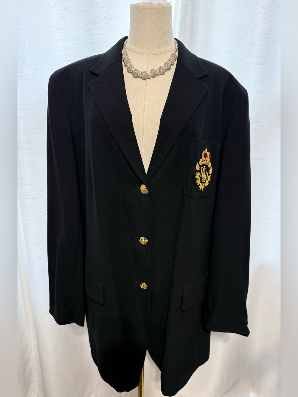 Lauren Ralph Lauren VTG Dark Navy Wool Crest Blazer Gold Buttons Coat